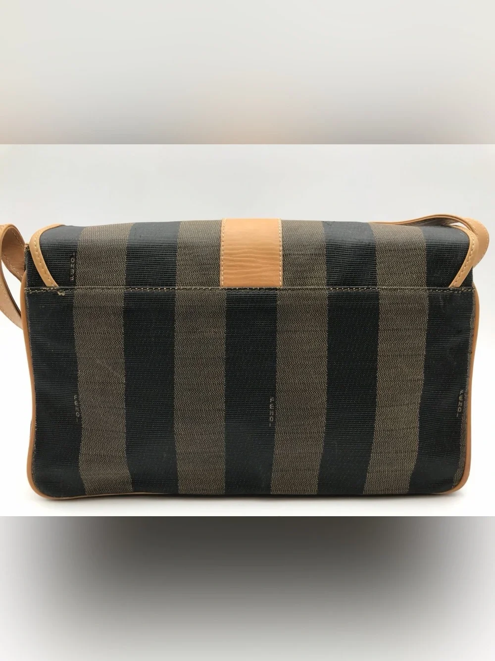 Fendi Pequin Stripe Crossbody Bag Vintage Brown Black Canvas Leather Flap Purse - Picture 2 of 14